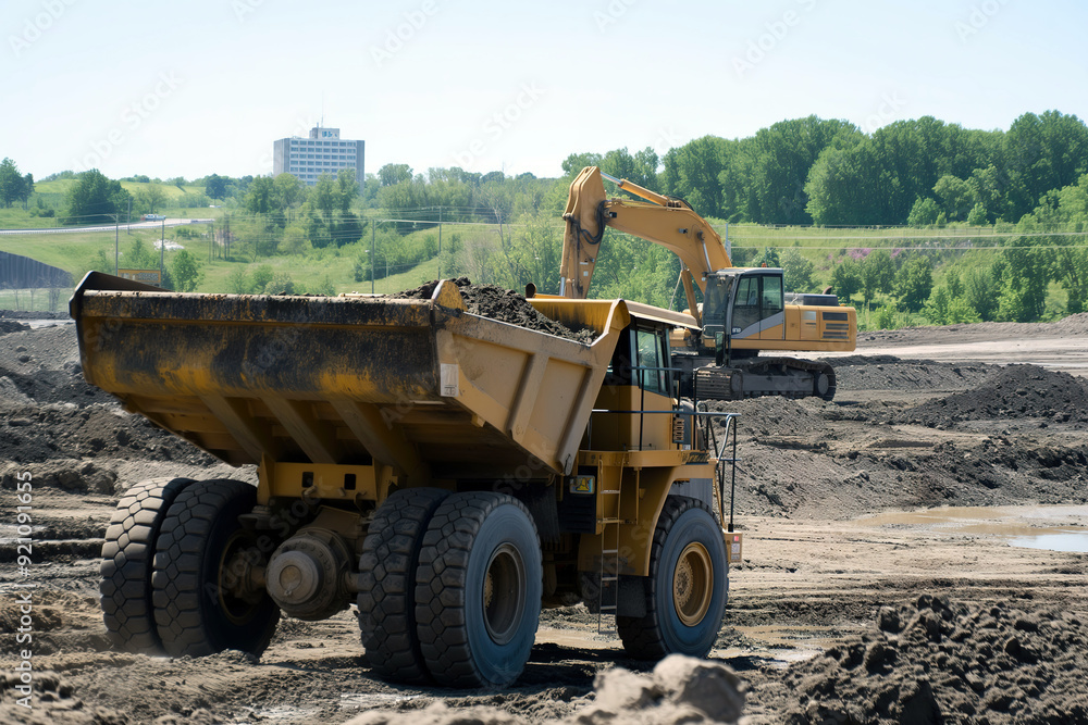 A yellow dump truck hauls dirt at a busy construction site under bright blue skies. A yellow dump truck hauls dirt at a busy construction site under bright blue skies.
