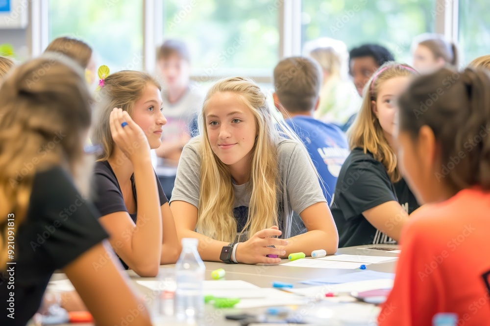 Obraz premium A diverse group of students collaborates at a table, exchanging ideas and fostering creativity.