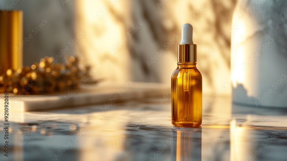 Elegant bottle of skin care serum placed on a polished marble surface Elegant bottle of skin care serum placed on a polished marble surface