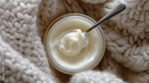 Jar of moisturizing beauty cream with a spoon