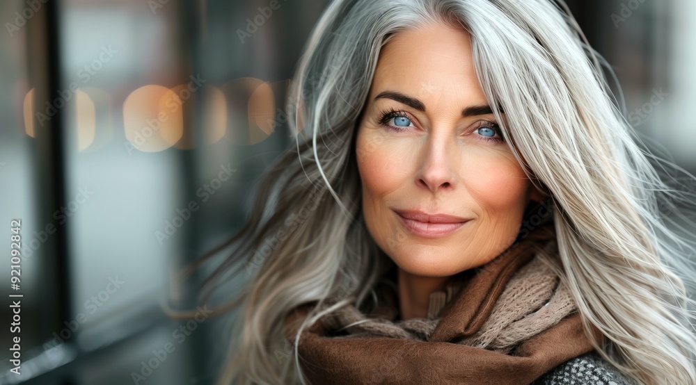 Portrait d'une élégante et séduisante femme souriante, âgée de 50 ans avec de longs cheveux argentés ondulés. Portrait d'une élégante et séduisante femme souriante, âgée de 50 ans avec de longs cheveux argentés ondulés.
