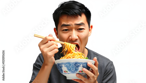 Young Asian Man Eating Bad Taste Of Boiled Noodle WIth Disgusted Face Expression And Push The Bowl Away isolated with white highlights, png photo