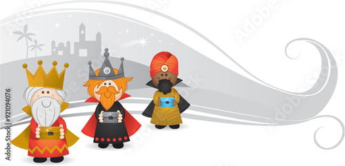 Christmas vector illustration of a cute three kings in winter banner
