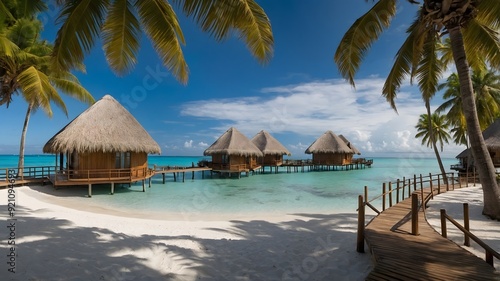 Tropical landscape  seascape panorama  water bungalows villas. Amazing sea reef beachfront. Exotic tourism destination.