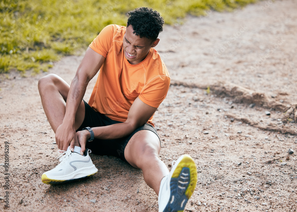 Φωτογραφία Fitness, man and ankle pain from injury outdoor with workout accident, muscle tension and sprain on ground