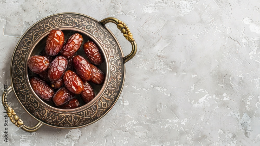 Arabian sweet ramadan dates fruits in a bowl. Islam traditional food for iftar, fasting on light gray background. Islamic religion and ramadan mubarak concept with copy space for text Arabian sweet ramadan dates fruits in a bowl. Islam traditional food for iftar, fasting on light gray background. Islamic religion and ramadan mubarak concept with copy space for text