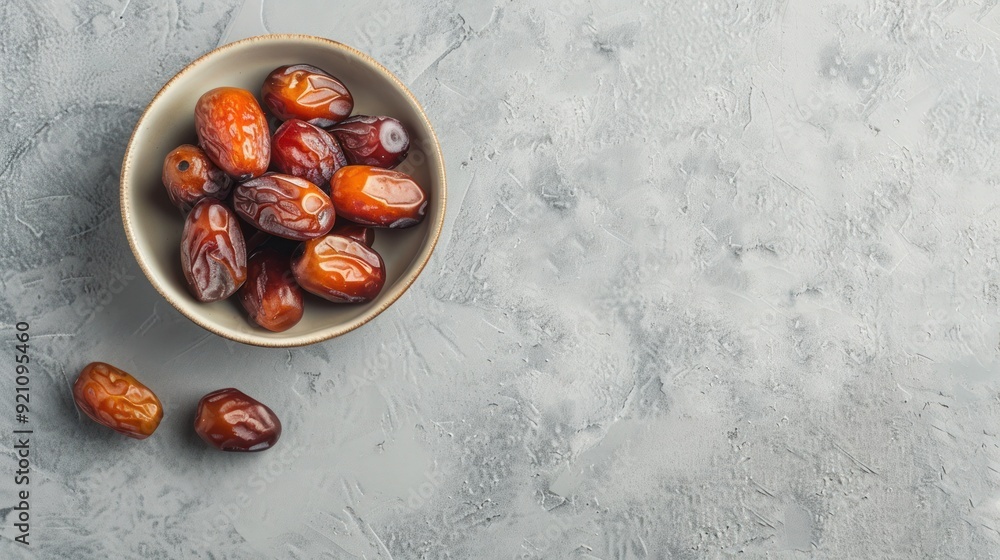 Arabian sweet ramadan dates fruits in a bowl. Islam traditional food for iftar, fasting on light gray background. Islamic religion and ramadan mubarak concept with copy space for text Arabian sweet ramadan dates fruits in a bowl. Islam traditional food for iftar, fasting on light gray background. Islamic religion and ramadan mubarak concept with copy space for text