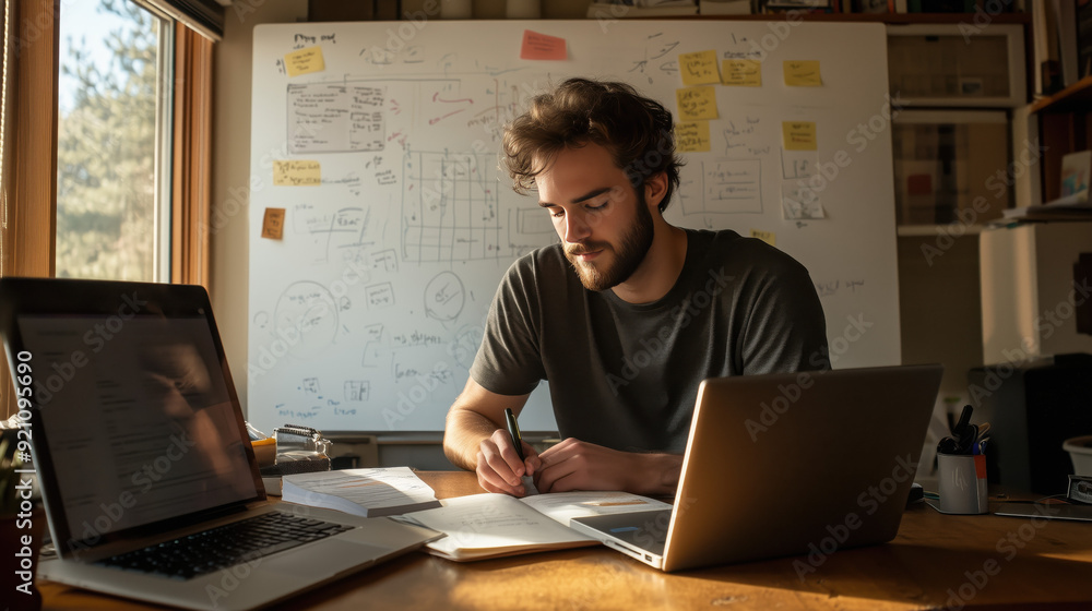 A PhD student studying at his desk focusing on writing his research with laptop, notebook, handwritten notes, diagrams, scrattered academic papers and large whiteboard A PhD student studying at his desk focusing on writing his research with laptop, notebook, handwritten notes, diagrams, scrattered academic papers and large whiteboard