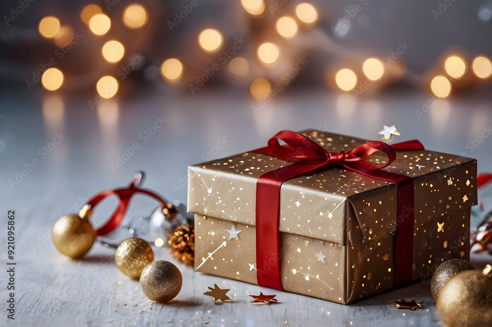 Christmas gift box in red paper, present with baubles and lights on the table, festive, magic winter holidays, new year background, garland lights bokeh, greeting postcard with copy space. Christmas gift box in red paper, present with baubles and lights on the table, festive, magic winter holidays, new year background, garland lights bokeh, greeting postcard with copy space.