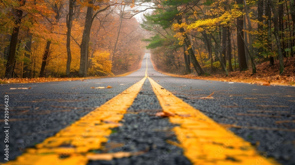 Obraz premium Autumn Road leading through autumn forest in vibrant colors