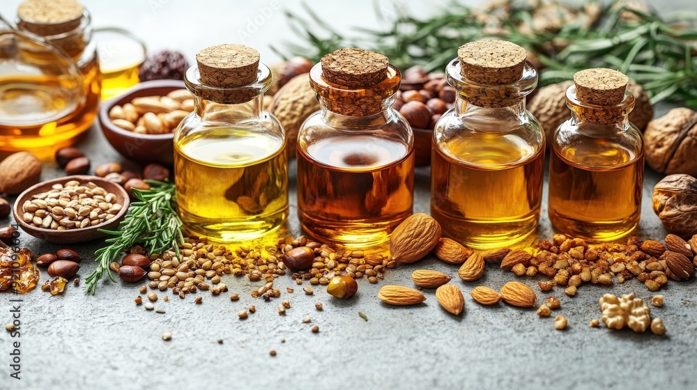 Omega-6 fatty acids, nuts, seeds, oils, flat design illustration Omega-6 fatty acids, nuts, seeds, oils, flat design illustration