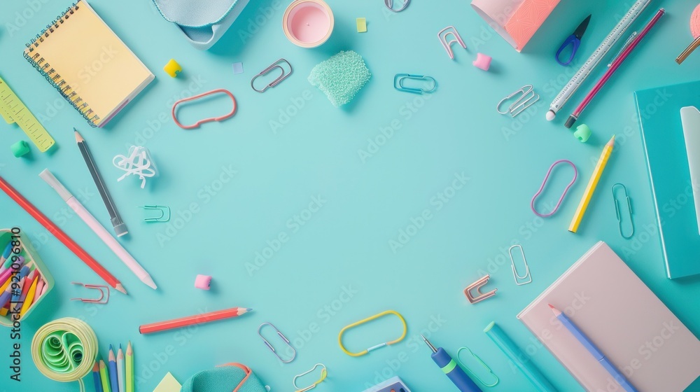 Back to school concept. Frame of school supplies on pastel blue background. Back to school concept. Frame of school supplies on pastel blue background.