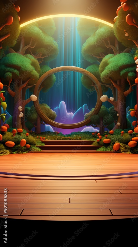 Naklejka premium A wooden platform with a circular archway leading to a waterfall and mountain landscape.