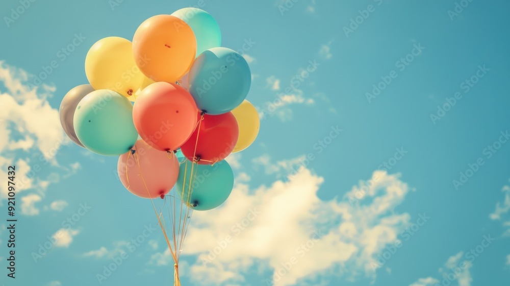 Balloon Lifting Off Aspiration and Freedom Isolated on nature Background ,Bunch of colorful balloons on blue sky background ,Vintage toned,A colorful array of balloons floating towards the sky Balloon Lifting Off Aspiration and Freedom Isolated on nature Background ,Bunch of colorful balloons on blue sky background ,Vintage toned,A colorful array of balloons floating towards the sky