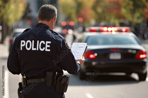 Police Officer Writing a Ticket to a Vehicle on a City Street