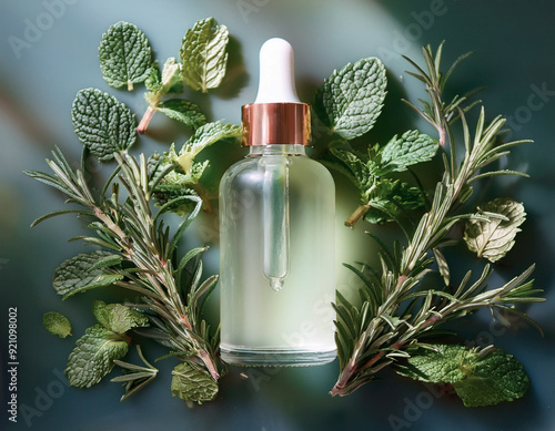 Elegant Frosted Glass Bottle with Dropper, Surrounded by Fresh Herbs for Skincare and Essential Oils