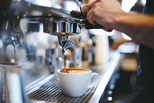  Fresh Espresso Pouring from a Professional Coffee Machine into a White Cup in a Cafe