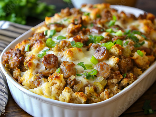 A white dish with a lot of meat and cheese in it. The dish is on a wooden table