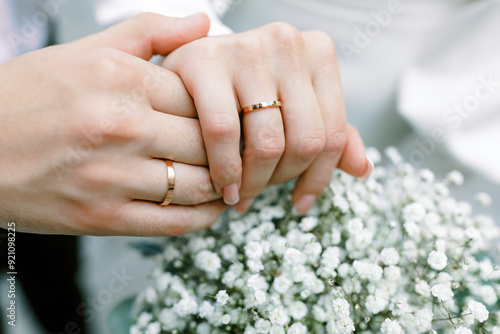 A pair of hands with wedding rings against a background of white flowers.