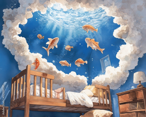 A dreamy room where golden fish swim through fluffy clouds, blending imagination with a cozy bedtime atmosphere. watercolor Style