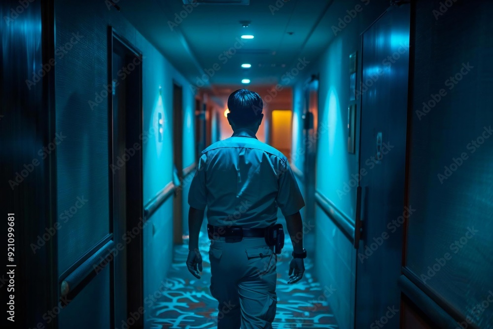 security guard with a flashlight patrolling a dark building corridor. security guard with a flashlight patrolling a dark building corridor.