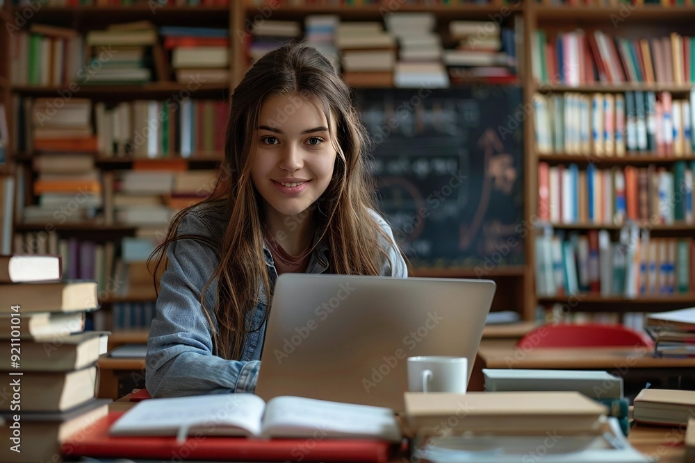 young woman studying and using a laptop at a desk in a classroom filled with books and a blackboard in the background. young woman studying and using a laptop at a desk in a classroom filled with books and a blackboard in the background.