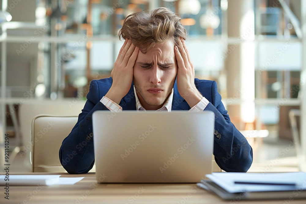 young businessman sitting at his desk with a laptop, looking stressed and suffering from a headache. The photo captures the pressure and stress of a busy work environment. young businessman sitting at his desk with a laptop, looking stressed and suffering from a headache. The photo captures the pressure and stress of a busy work environment.
