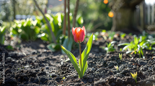 tulips in the garden, A newly planted tulip in a naturally lit garden.