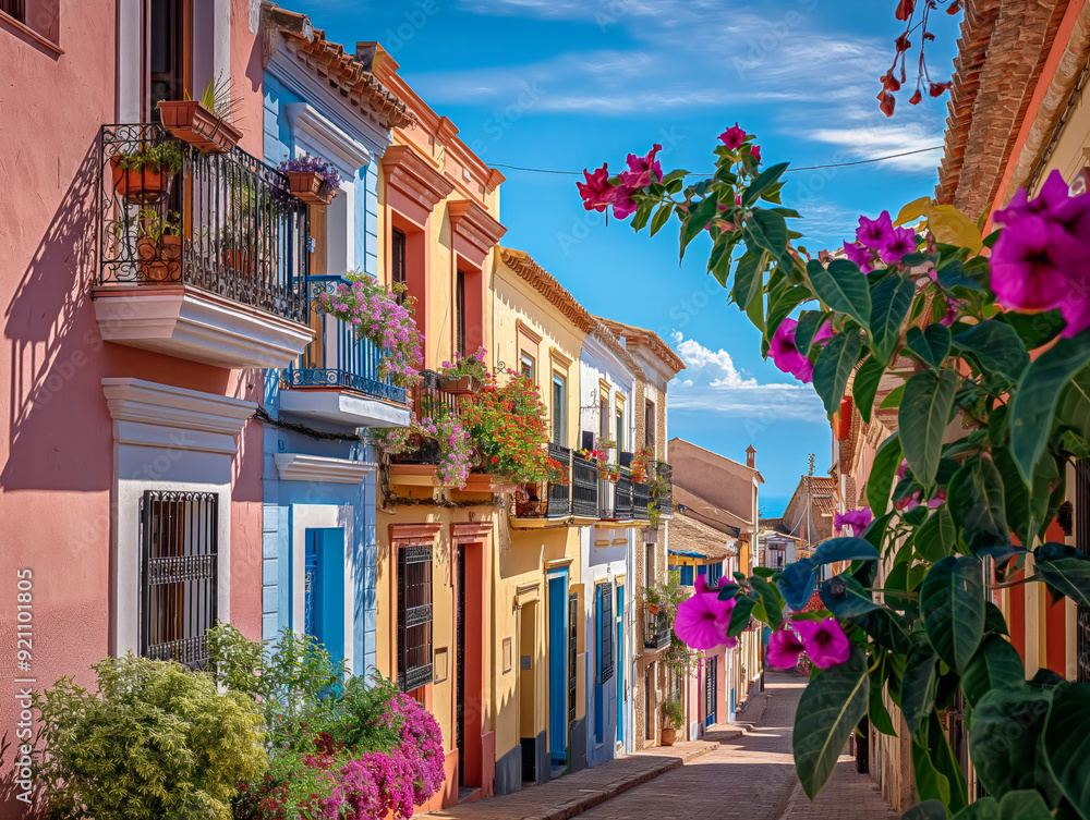 A colorful street with houses and a flowery plant. The street is lined with houses of different colors, and the flowers are in full bloom. The scene has a cheerful and lively atmosphere