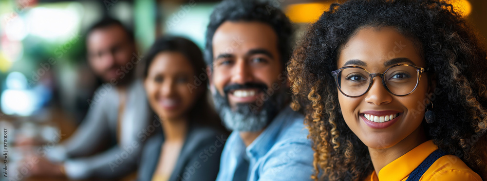 A diverse group of professionals smiling in a business meeting A diverse group of professionals smiling in a business meeting