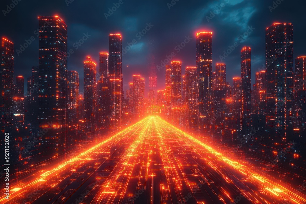 futuristic cityscape bathed in pulsating neon red light geometric skyscrapers with glowing edges dynamic composition with streaking light trails futuristic cityscape bathed in pulsating neon red light geometric skyscrapers with glowing edges dynamic composition with streaking light trails
