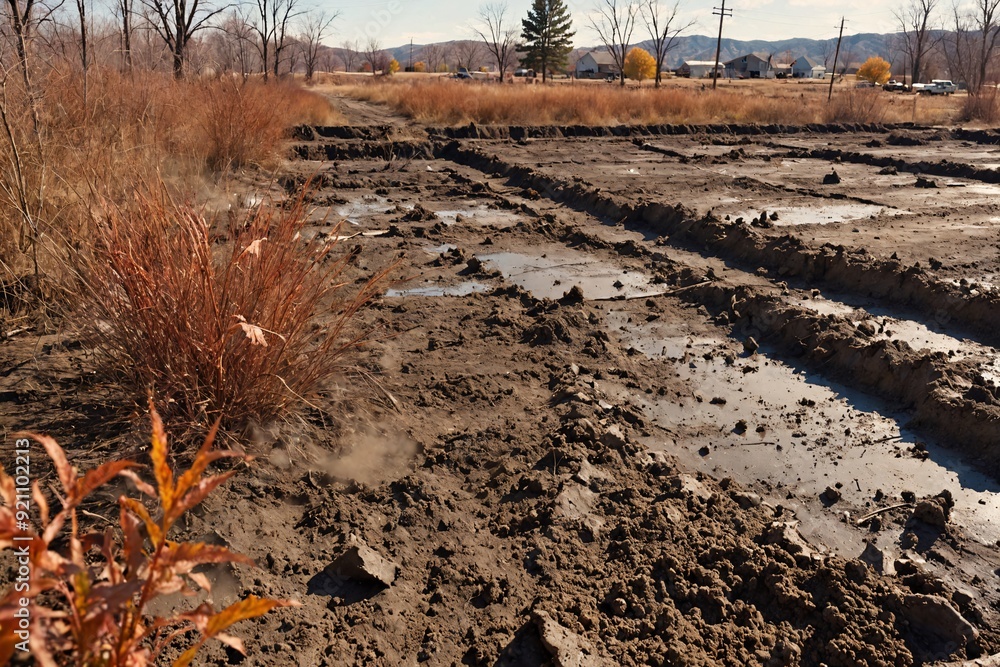 Fototapeta premium Contaminated soil in a rural area with dead vegetation