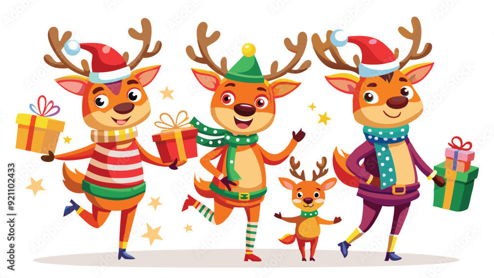 Christmas reindeer characters vector set design. Reindeer Christmas cute character in jumping, holding gift box, standing, coffee and wearing hat & scarf collection isolated in white background. Gener Christmas reindeer characters vector set design. Reindeer Christmas cute character in jumping, holding gift box, standing, coffee and wearing hat & scarf collection isolated in white background. Gener