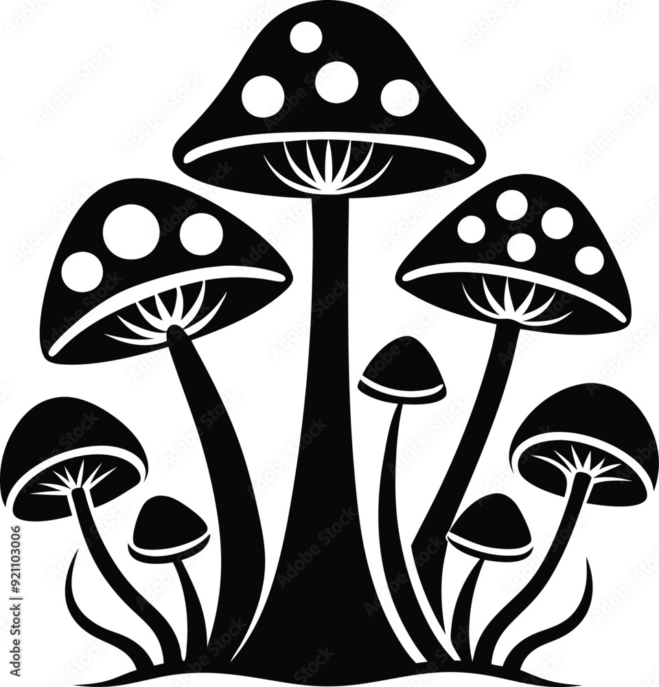 group of decorative mushrooms silhouette illustration group of decorative mushrooms silhouette illustration