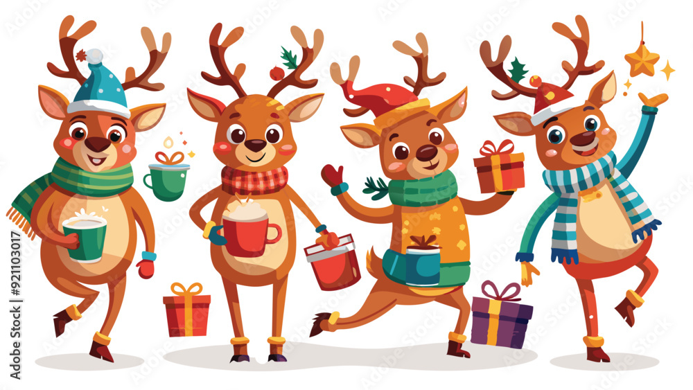 Christmas reindeer characters vector set design. Reindeer Christmas cute character in jumping, holding gift box, standing, coffee and wearing hat & scarf collection isolated in white background. Gener Christmas reindeer characters vector set design. Reindeer Christmas cute character in jumping, holding gift box, standing, coffee and wearing hat & scarf collection isolated in white background. Gener