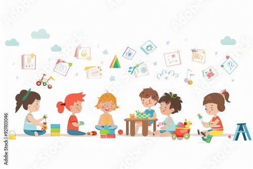 Kids in kindergarten play with their favorite toys of the wall with children drawings flat illustration isolated on white background