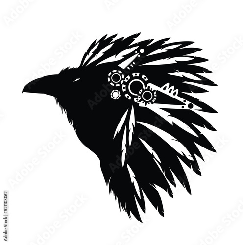 totem raven bird head with tribal style feather decor - black and white vector stylized shaman animal