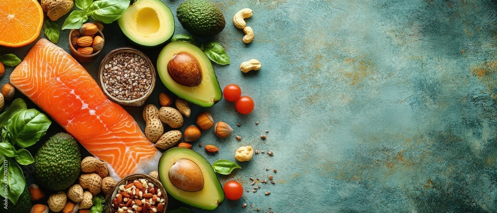 Heart-healthy foods, avocados, nuts, fish, flat design illustration Heart-healthy foods, avocados, nuts, fish, flat design illustration