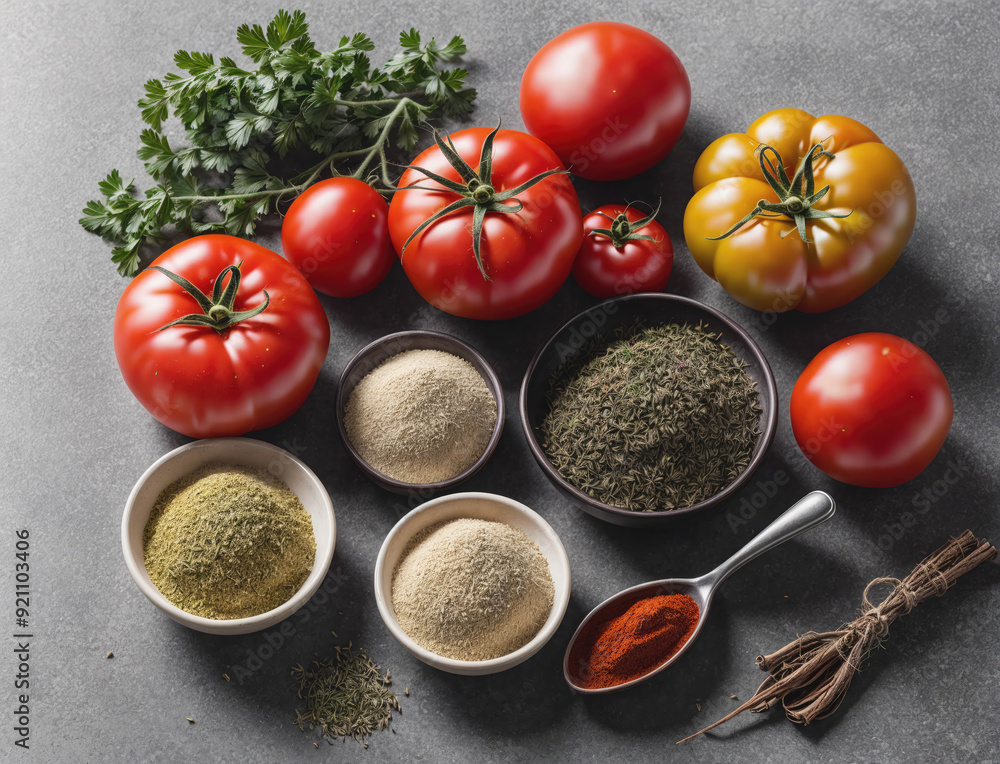 A variety of spices and herbs are displayed in bowls on a counter A variety of spices and herbs are displayed in bowls on a counter