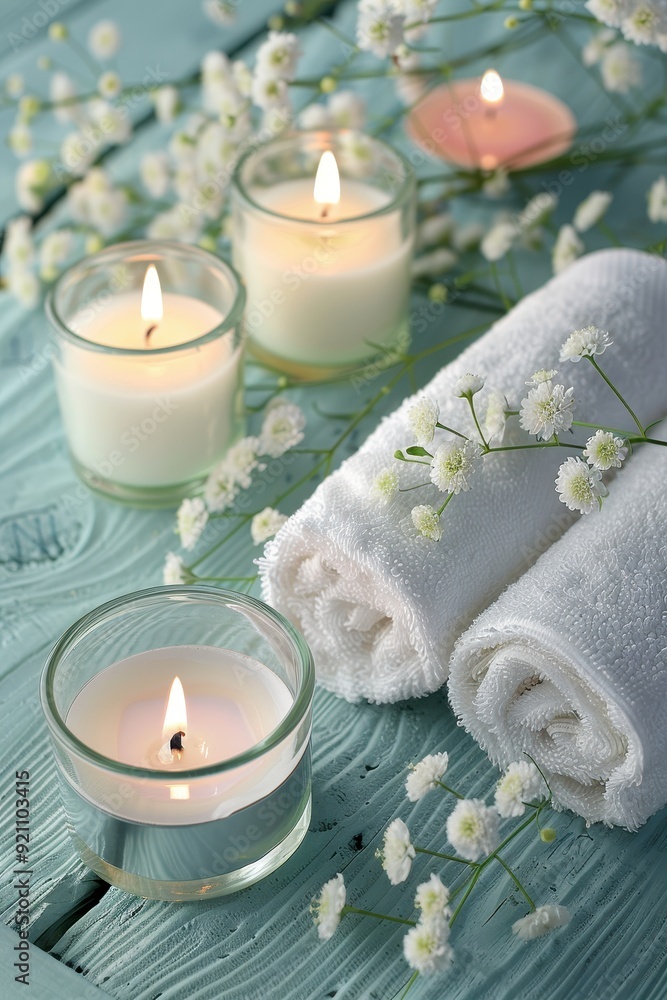 Spa Setting with Candles and Towels Spa Setting with Candles and Towels