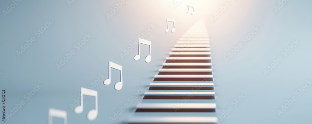 Fototapeta premium A surreal staircase ascending into light, adorned with floating music notes, symbolizing inspiration and creativity.