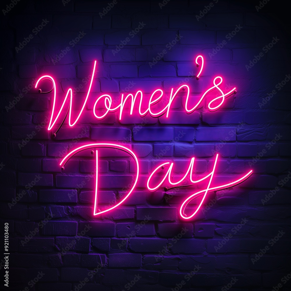 Neon Women's Day Sign on Dark Brick Wall Background Neon Women's Day Sign on Dark Brick Wall Background