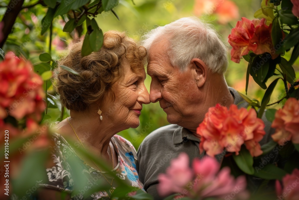 A serene painting of a couple kissing, enveloped by a picturesque field adorned with blooming flowers, A husband and wife sharing a tender moment in their garden, surrounded by blooming flowers. A serene painting of a couple kissing, enveloped by a picturesque field adorned with blooming flowers, A husband and wife sharing a tender moment in their garden, surrounded by blooming flowers.
