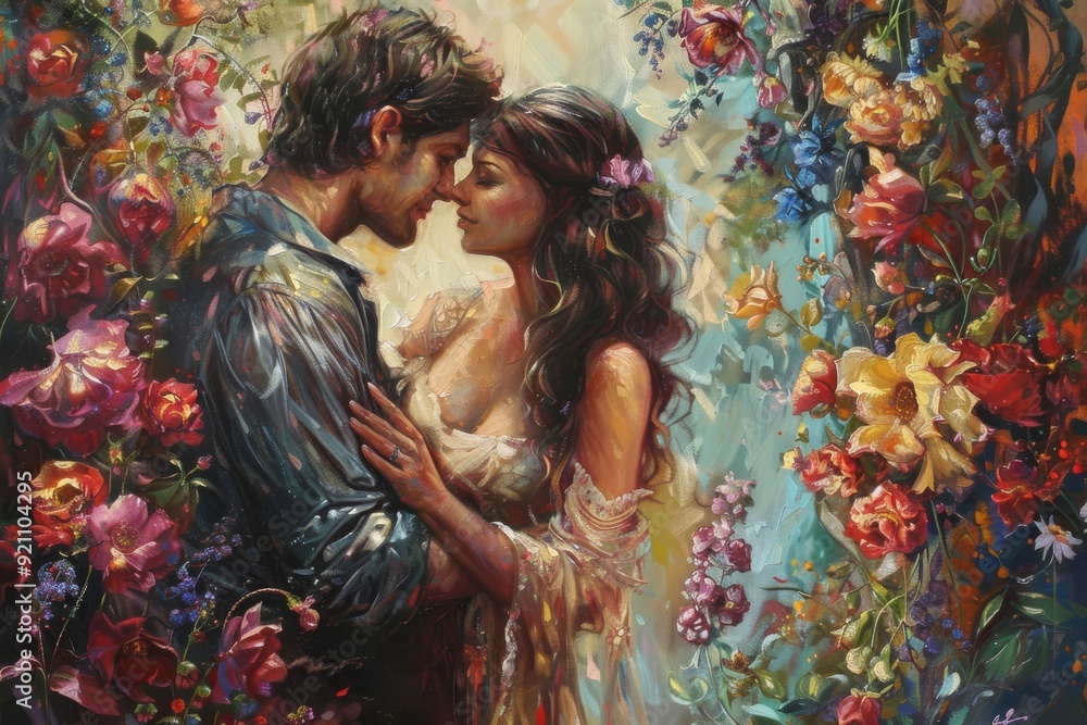 A serene painting of a couple kissing, enveloped by a picturesque field adorned with blooming flowers, A husband and wife sharing a tender moment in their garden, surrounded by blooming flowers. A serene painting of a couple kissing, enveloped by a picturesque field adorned with blooming flowers, A husband and wife sharing a tender moment in their garden, surrounded by blooming flowers.