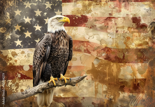 An illustration of a proud bald eagle perched on a branch, set against a weathered and artistic depiction of the American flag, symbolizing freedom and strength. photo