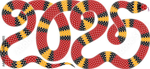 Vector design of snake intertwined in the shape of the number 2025. Isolated illustration of numeric symbol for 2025 Chinese New Year celebration with snake zodiac sign.