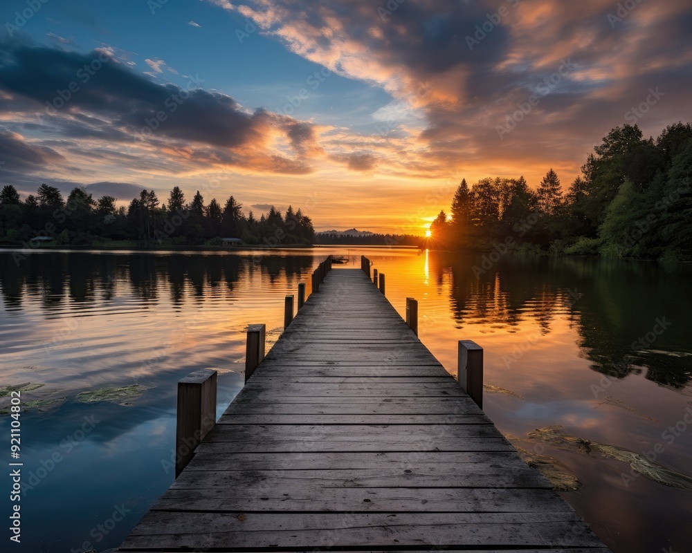 Fototapeta premium A serene sunset over a calm lake with a wooden dock extending into the water.