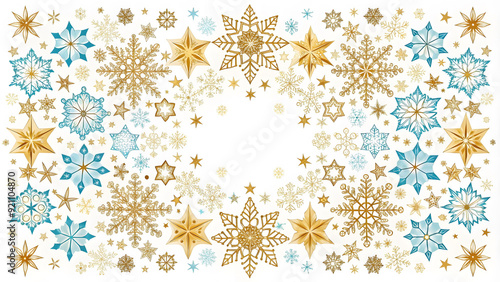 Wallpaper Mural Gold snowflakes falling on a white background. Golden snowflakes border with different ornaments. Luxury Christmas garland background.  Torontodigital.ca