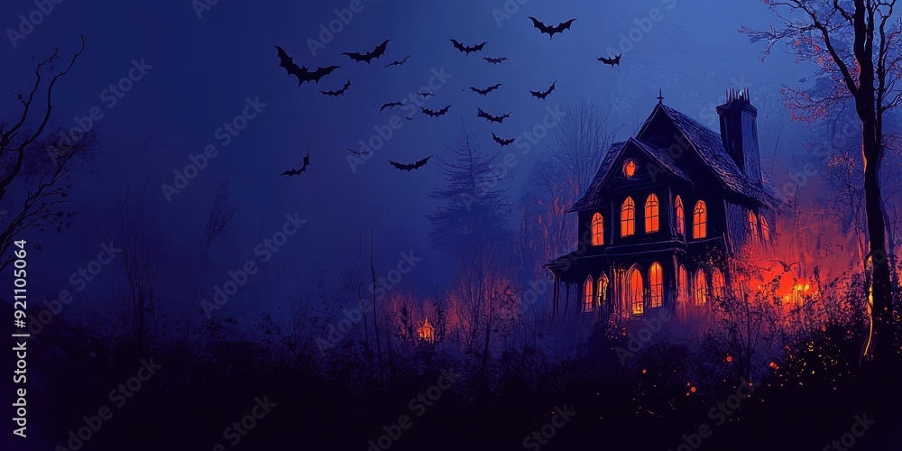 Halloween night with a spooky house and bat Halloween night with a spooky house and bat
