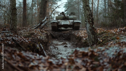 Tank concealed in a trench in a wooded area facing the front line. Representing war and destruction